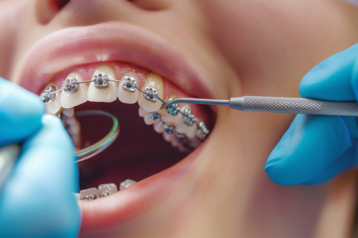 woman wearing fixed metal braces having an adjustment made to the incisor tooth bracket