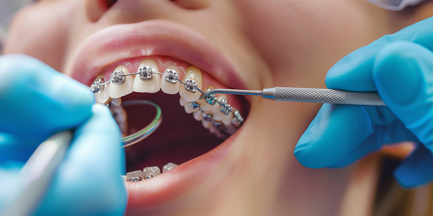 woman wearing fixed metal braces having an adjustment made to the incisor tooth bracket